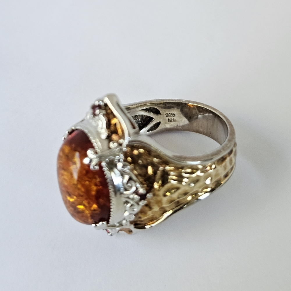 Natural Baltic Amber & Red Sapphire Ring 18K & Palladium Silver Sz 8 - Picture 4 of 5